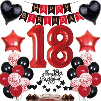 Produktbild von Geburtstagsdekoration 18 Jahre, inklusive 32" Zahl 18 Folienballon, 12 Latexballons, rot schwarz