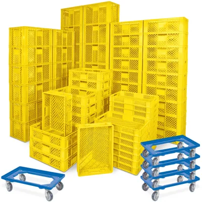 Produktbild von 78 Stück Stapelkörbe/Bäckerkästen in 5 Größen, Grundmaß LxB 600 x 400 mm, H 90 mm, 150 mm, 240 mm, 320 mm, 410 mm, Farbe gelb + 5x Transportroller, blau