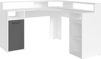 A white corner desk with a gray drawer unit is shown against a white background.