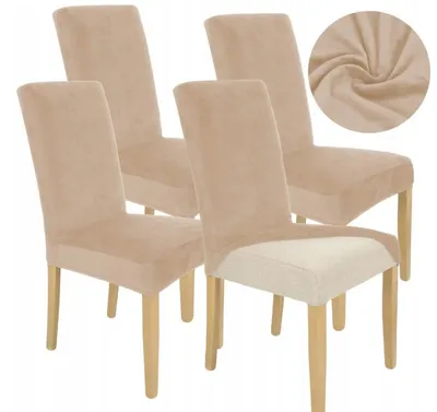 Produktbild von Stuhlhusse Stretch Beige - Samt - 4 Stück - Universal - Esszimmer Stuhlbezug