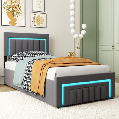 Produktbild von okwish Jugendbett 90×200 mit LED und Bettkasten, Polsterbett mit Schubladen und Rollen, Einzelbett in Grau, ohne Matratze