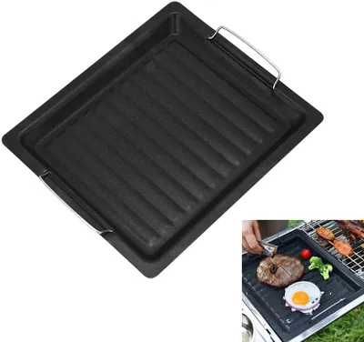 Produktbild von BBQ Grillplatte, Pfanne Grill Grillpfanne Kochen, Wendeplatte Gusseisen Pizzaplatte, Gasgrill-Zubehör Universal, für Outdoor Camping, 25 * 30 cm Schwarz