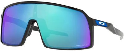 A pair of Oakley Sutro sunglasses with a black frame and a mirrored lens reflecting blue, green, and purple colors.
