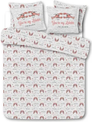 A flat lay of a Friends-themed bedding set with lobster and champagne glass graphics.
