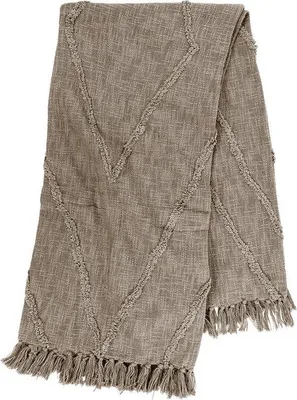 Image de Unyqoos® Tiseco SAHARA : Plaid décoratif, 130 x 160 cm, 100% coton, couleur taupe, design bohème avec franges