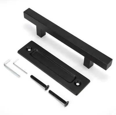 Image de Poignée de porte carrée noire pour porte coulissante de 30 cm, avec accessoires de montage