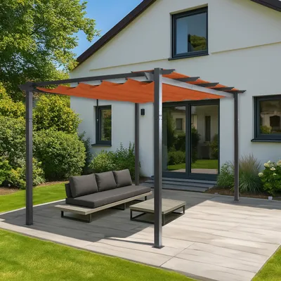 Immagine prodotto di Pergola in alluminio HWC-N93, gazebo da giardino, struttura stabile 8cm tetto scorrevole UV50+ 3x4m ~ terracotta