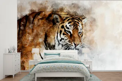 Produktbild von MuchoWow® Fototapete für Wohnzimmer oder Schlafzimmer Wandtapete Vinyl Motivtapete Tiger - Augen - Gemälde - 390x260 cm - Papiertapete