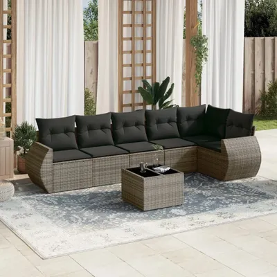 Produktbild von Design 7-tlg. Garten-Sofagarnitur mit Kissen Grau Poly Rattan, Gartenmöbel-Sets 2024 Neu