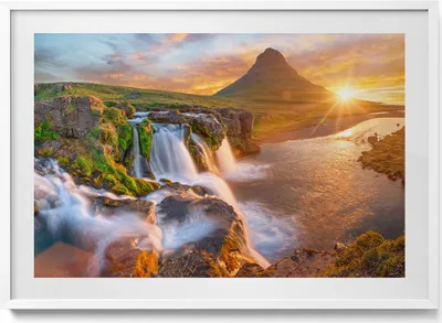 Produktbild von Landschaft in der Natur bei Sonnenuntergang– Wandbild mit Rahmen – Gerahmtes Bild  – Wanddekoration – 100x70 cm –  Weiß Rahmen