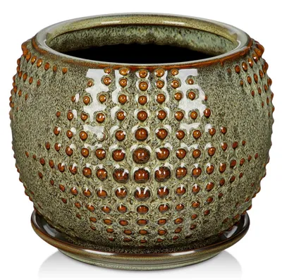Productafbeelding van Keramische bloempot met onderzetter, rond, bruin, 17 cm diameter