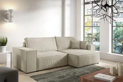Produktbild von Ecksofa ANTONIO - MINI POSSO 255x148x70 cm; L-Form mit Schlaffunktion und Bettkästen in Beige / Cordbezug, Schenkel / Ottomane rechts oder links