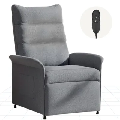A gray recliner chair with a remote control shown in a circle.