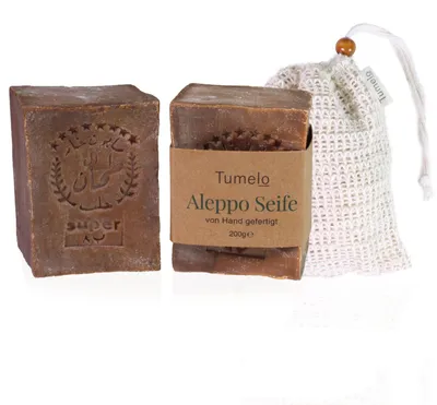 Immagine prodotto di Sapone originale di Aleppo TUMELO 2 x 200 g (400 g) 60% olio d'oliva 40% olio di alloro + sacchetto di sisal, sapone all'olio d'oliva fatto a mano, sapone naturale