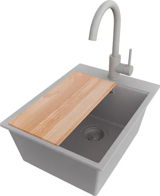 Produktbild von PRIMAGRAN Granitspüle Grau 38x50cm, Spülbecken 1 Becken + Küchenarmatur 32x20cm + Ablauf-Set + Schneidebrett, Küchenspüle ab 40er Unterschrank - Oslo