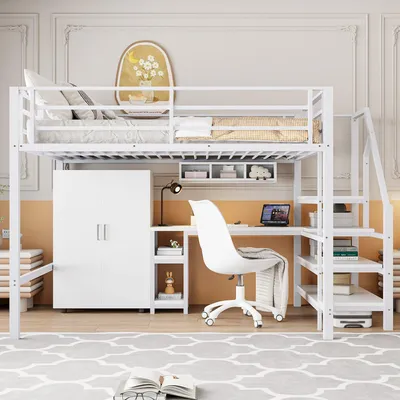 Produktbild von Odikalo Hochbett Jugendbett Studentenbett Kleiderschrank Regale ohne Matratze140*200cm Weiß