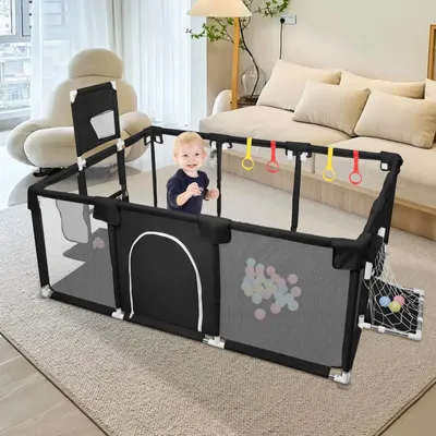 Produktbild von Baby Laufstall 180x120x66cm mit Basketball-Netz atmungsaktivem Babys laufgitter mit Sicherheitstür 50 Ozeanball Schwarz