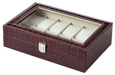 Produktbild von Uhrenbox mit 12 Fächern, Kunstleder, transparentem Deckel, Uhrenaufbewahrung, Uhrenhalter und Schlüssel für Herren