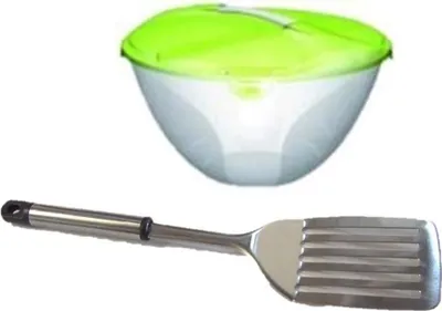 Produktbild von Salatschale mit Deckel grün groß 26 cm transparent +  Pfannenwender aus Edelstahl