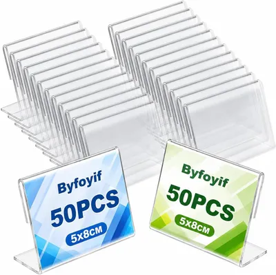 Imagen del producto de Soportes transparentes de acrílico para precios, de 8x5x2,8 cm, paquete de 50 unidades, ideales para tiendas y bodas