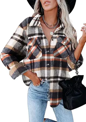 Produktbild von ASKSA Damen Bluse Kariert Hemdjacke Knöpfe Langarm Strickjacke Jacke Freizeithemd, Orange, M