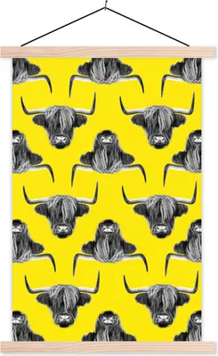 Produktbild von MuchoWow® Textilposter Schottisches Hochlandrind - Gelb - Muster 60x90 cm mit holzfarbenen Rahmen - Textil