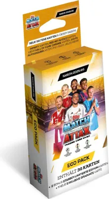 A product shot of a Topps Match Attax Champions League trading card ECO pack, angled to show the front and side.