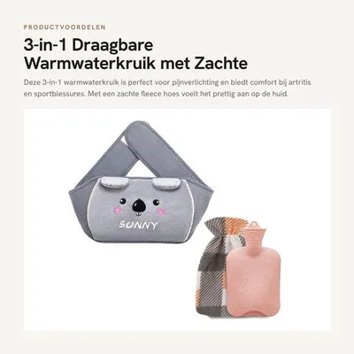 Productafbeelding van Warmwaterkruik 3-in-1 met fleecehoes - Lekvrij - Pijnverlichting - Artritis - Sportblessures - 1000 ml - Warmwaterfles