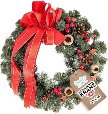 Produktbild von Creative Home Türkranz Rot 35 cm Tannenkranz Künstlich Weihnachten Adventskranz Indoor & Outdoor Weihnachtskranz Türschmuck Weihnachtsdeko