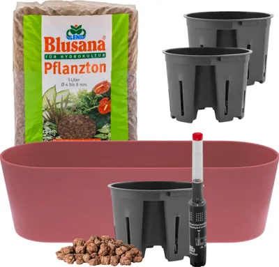 Produktbild von Leni Flori Jardiniere Blumentopf länglich 36 cm brombeer / rosa-rot Hydrokultur-Komplett-Set mit Übertopf Hydro-Töpfen Wasserstandsanzeiger & Pflanzton