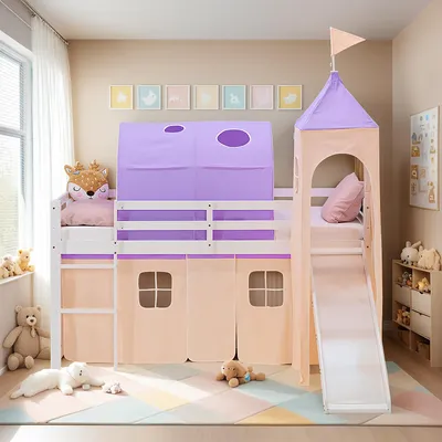 Obrázek produktu pro Homestyle4u Dětská patrová postel 90x200, bílá, se skluzavkou, závěsem, tunelem a věží, fialová a broskvová, dětská postel na hraní