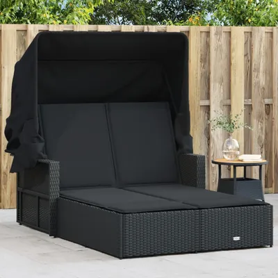 Immagine prodotto di Maison Exclusive - Lettino doppio con tetto e cuscini in polyrattan nero