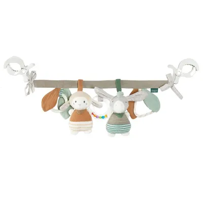 A baby stroller chain with two plush toys and various sensory elements.