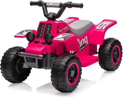 Obrázok produktu pre Detská elektrická štvorkolka ATV – 6 V vozidlo na sedenie – LED svetlá a hudba – klaksón – štartovanie jedným tlačidlom – 1,8 km/h – od 3 rokov – ružovo-červená