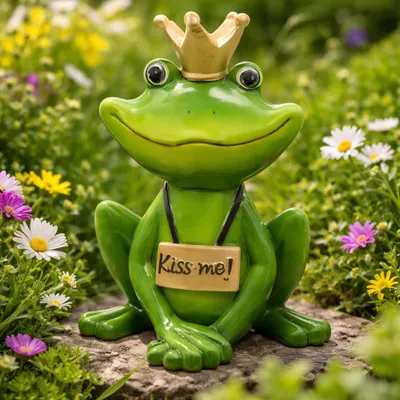 Produktbild von Froschkönig Dekofigur mit Krone – Gartenfigur aus Keramik, 40 cm, „Kiss me!“, Wetterfest, Gartendekoration, Balkon, Terrasse, Hauseingang