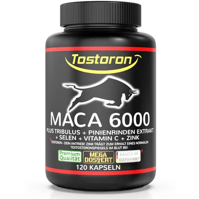 Produktbild von Tostoron MACA 6000 EXTRA STARK + HOCHDOSIERT - 120 Kapseln - 1 Dose (1x100g)
