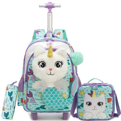 Immagine prodotto di Zaino da scuola con rotelle per bambine, set da 3 pezzi, motivo gatto, rosa, 42x30x20 cm