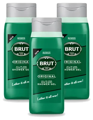 Imagen del producto de 3 unidades de gel de ducha "Brut All in One" para cabello y cuerpo, aroma original, 500 ml. Paquete económico
