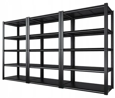 Produktbild von Schwerlastregal 3er Set 200x100x40 cm - Metallregal - Schwarz Pulverbeschichtet - Höhenverstellung - 15 Böden - Traglast Gesamt 2700 kg