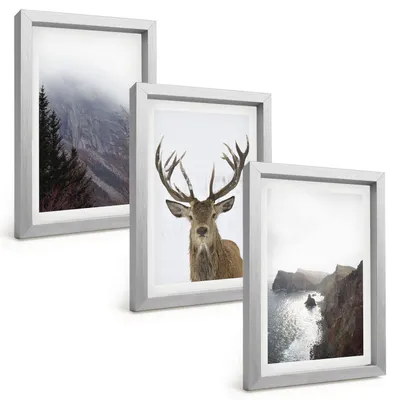 Produktbild von Bilder Set 3-teilig im silbergerahmten Rahmen – Wandbilder 3 Stück – gerahmte Poster für Wohnzimmer, Schlafzimmer und Flur – 20x30 cm – Berglandschaft mit Hirschen