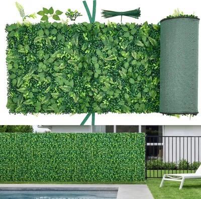 Immagine prodotto di SucceBuy Siepe artificiale 2,4 m x 61 cm, set di 4 pezzi, parete vegetale in PE, recinzione frangivista, frangivento, siepe artificiale, rivestimento per balconi per matrimoni, interni, giardini e cortili