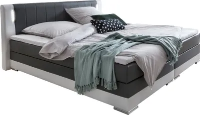 Produktbild von SalesFever Boxspringbett 180 x 200 cm | LED-Beleuchtung | Bonellfederkern Matratze | 5 cm Topper | Bezug Kunstleder | B 190 x T 210 x H 100 cm | grau-weiß