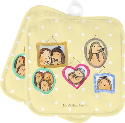 Produktbild von Mr. & Mrs. Panda Topflappen Igel Familie - Gelb Pastell - Geschenk, Doppel, Set, Topfuntersetzer, Liebe, Bilder, topfhalter, Topflappenset, Mama, Muttertag