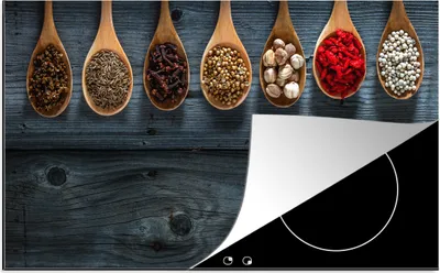 Produktbild von KitchenYeah© Herdabdeckplatte Gewürze - Löffel - Holz - Küche - Gewürze - Industrie , 91x52cm, Küche Deko, Glaskeramikkochfeld Herdabdeckung, Abdeckplatte fùr Kochfeld