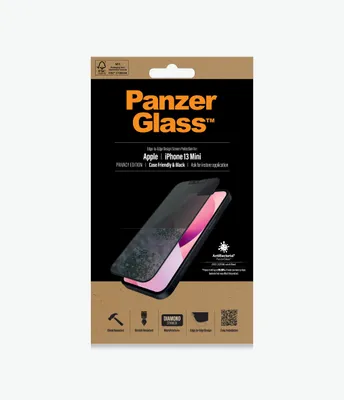 A product package for a PanzerGlass screen protector for an iPhone 13 Mini.