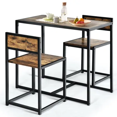 Produktbild von COSTWAY 3 tlg. Küchenbar Stehtisch mit 2 Barstühlen mit Metallgestell Küchentisch Bartisch-Set für kleine Räume Küche Esszimmer & Bistro Holz Antik