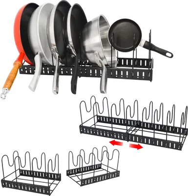 Produktbild von MAKLIK Küchenregal Organizer, 2-teilig, verstellbar 30-57x19.5x18.5cm, bis 10kg, 8 Trenner, für Pfannen, Töpfe & Deckel, Abtropfgestell & Deckelhalter