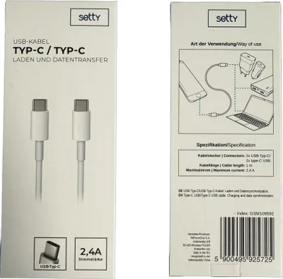 Produktbild von USB Kabel Type C auf Type C weiß Ladekabel