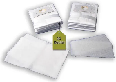 Several vacuum cleaner bags and filters are arranged on a white background.