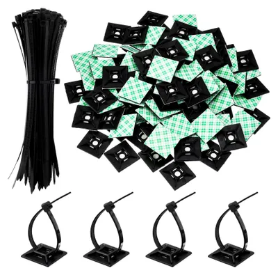 Produktbild von 100 Stück schwarze Kabelbinder mit Klebefestigungen